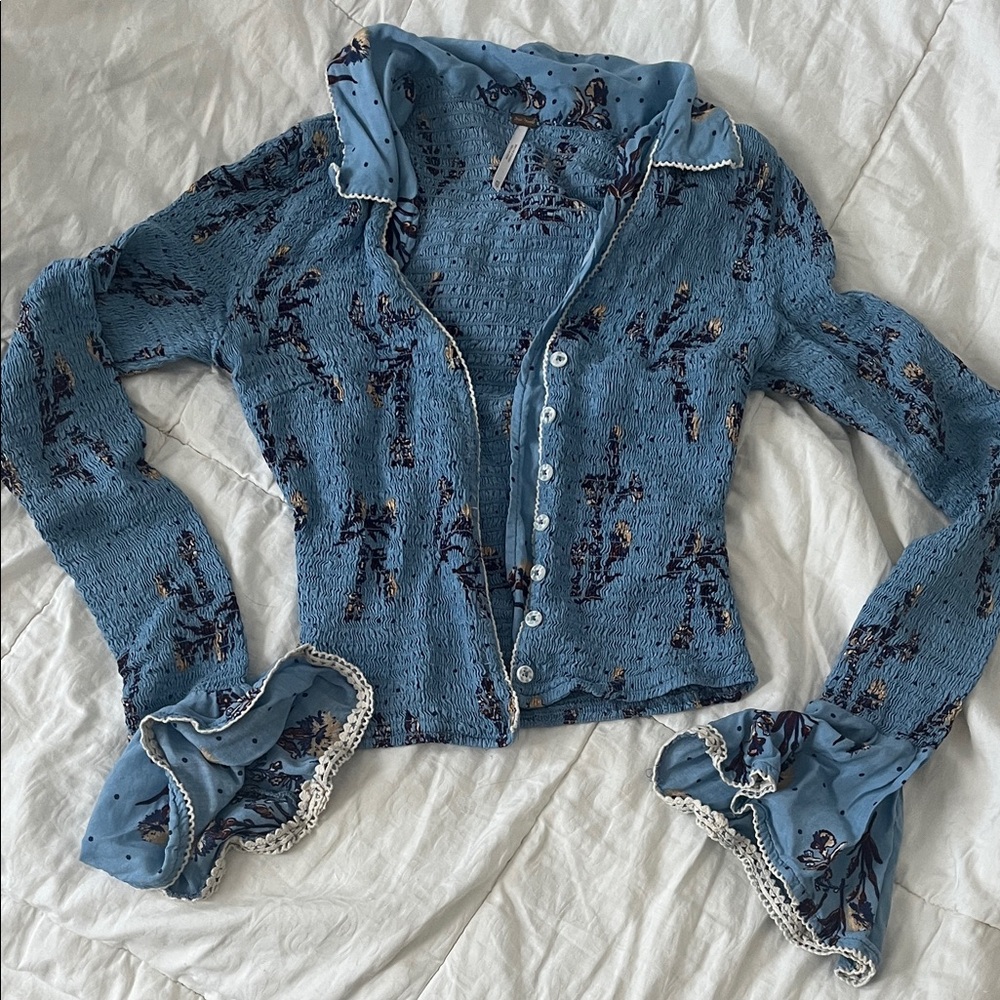 Free People Blue Floral Smocked Button-Front Long Sleeve Top